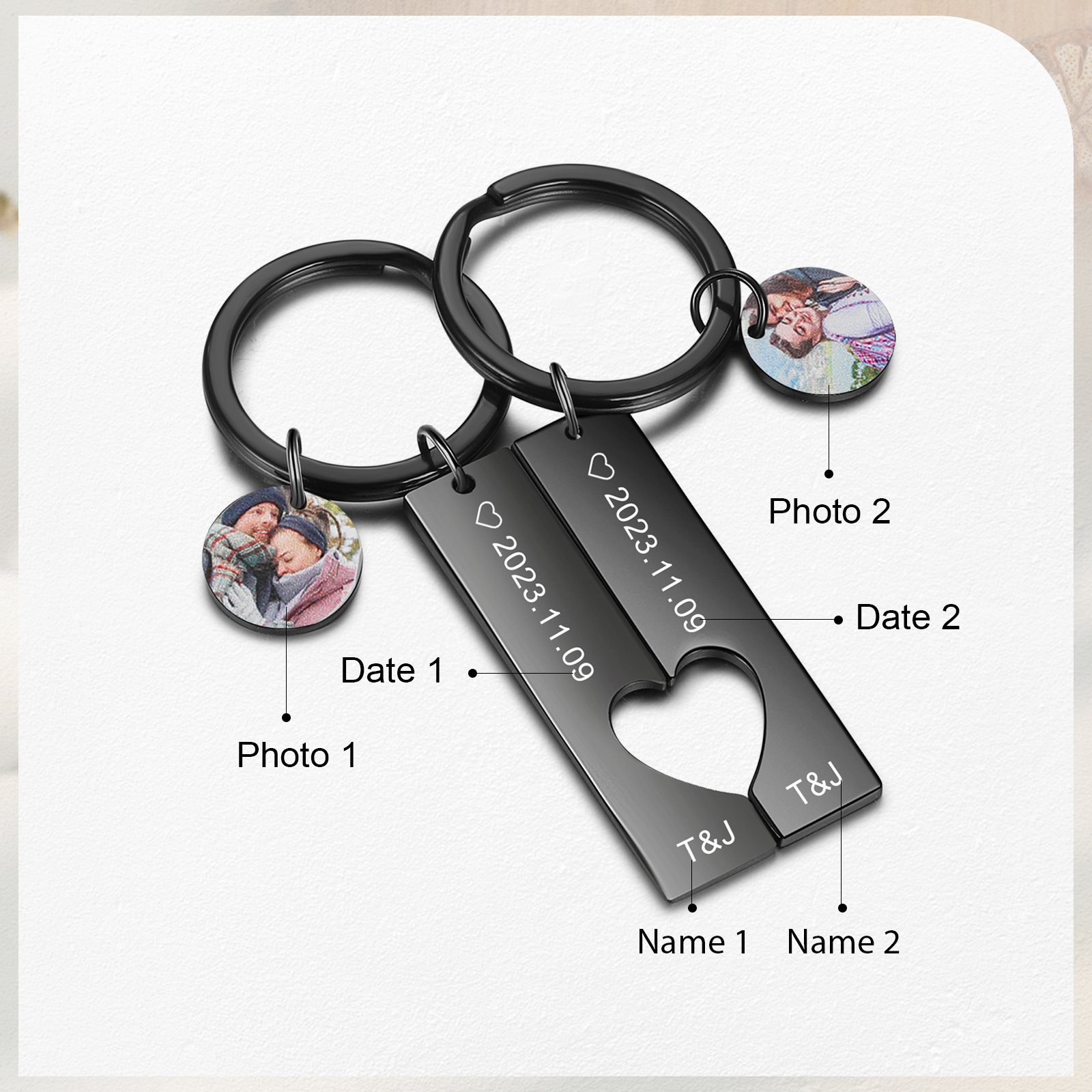 Personalised Couple Keychain Custom 2 Names & 2 Dates & 2 Photos Keyring Matching Couple Gifts Valentine's Day Gift for Him/Her-Jessemade AU