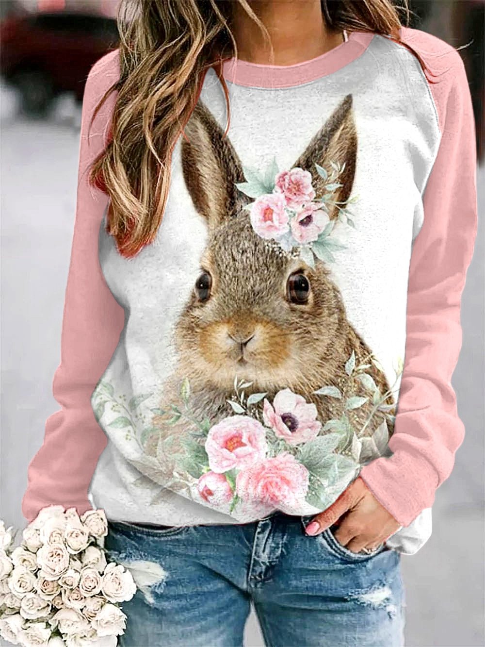 Easter Lovely Floral Rabbit Printed Women's Sweatshirt