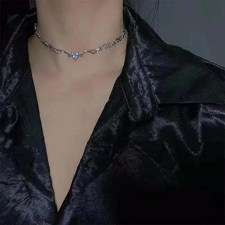 Jumpslots Goth Egirl Aesthetic Heart Crystal Wave Wing Pendant Necklace For Women Cute Chains Grunge Choker Collar Indie Collier Jewelry