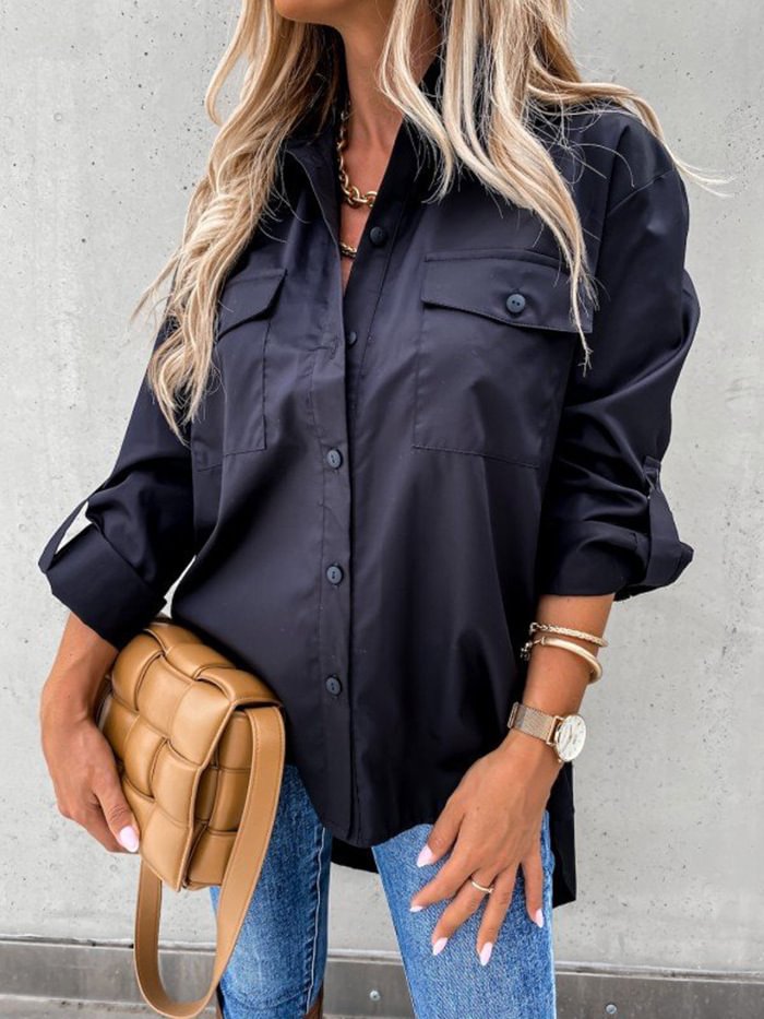 Irregular Loose Long Sleeve Lapel Patch Pocket Cover Shirt P180856942