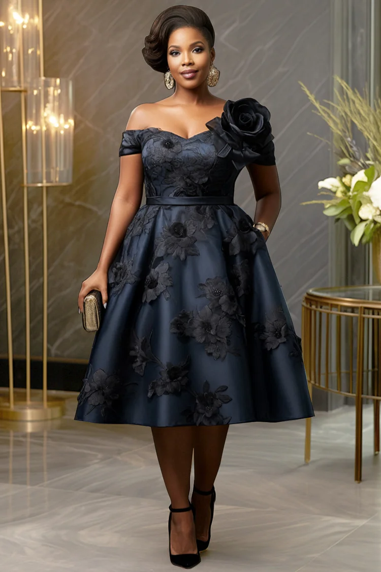 Xpluswear Design Plus Size Mother Of The Bride Navy Blue Elegant Off The Shoulder Pocket Lace Midi Dresses [Pre-Order] 2024 - Xpluswear