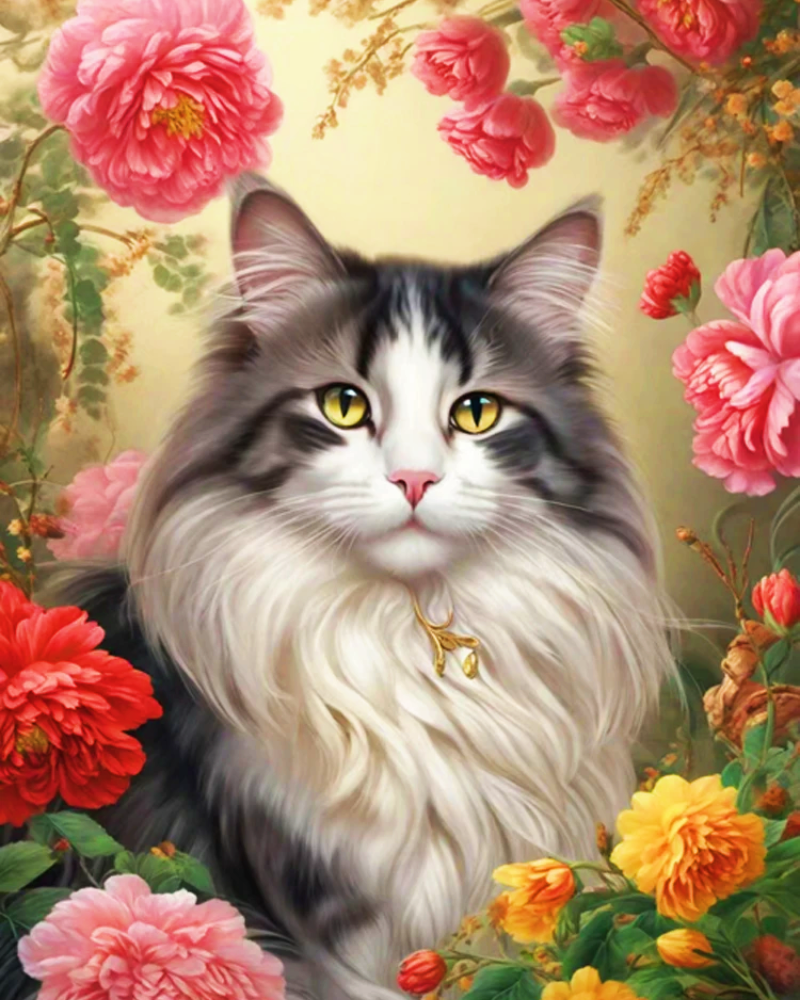 Maine Coon Cat And Flower 40*50CM(Canvas) Diamond Painting gbfke