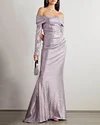 Off-the-shoulder draped metallic gown