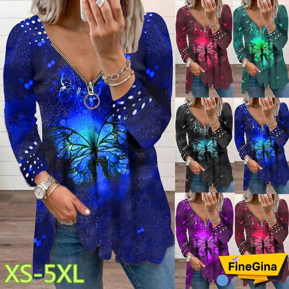 Spring and Early Autumn New Fashion Women's Butterfly Printed Casual Plus Size Long Sleeve Zipper V-neck Top Loose Soft and Comfortable Long Sleeve Bottoming Shirt XS-5XL