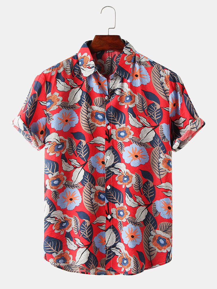Men's Holiday Tropical Hibiscus Leaf Print Short Sleeve Hawaiian Shirt