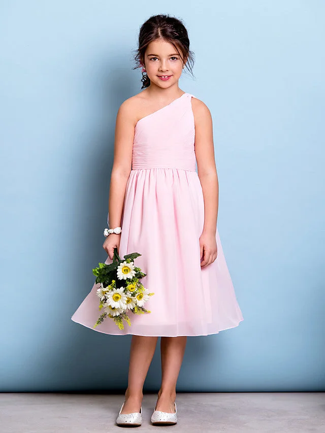 A-Line One Shoulder Knee Length Chiffon Junior Bridesmaid Dress With Ruched / Draping / Side Draping / Natural
