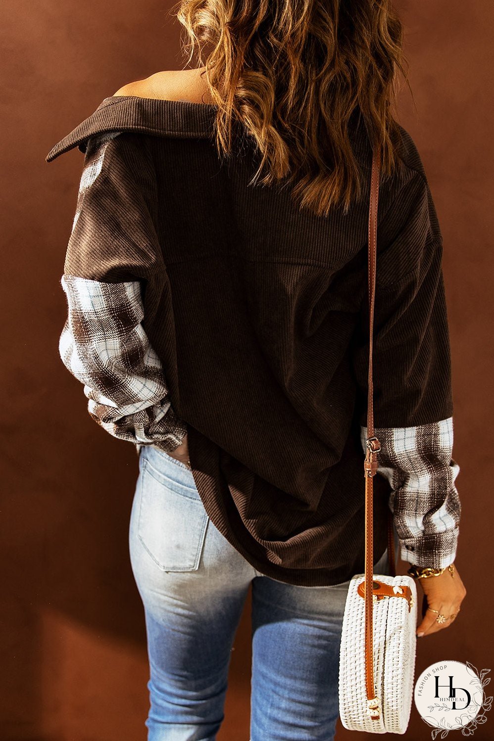 Double Take Plaid Color Block Dropped Shoulder Corduroy Shacket