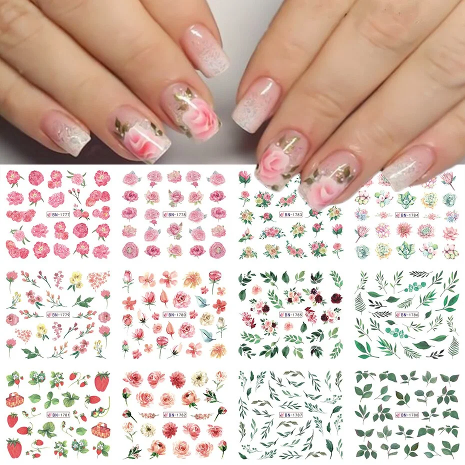 Churchf Flower Leaf Nail Stickers Charm Rose Strawberry Texture Spring Water Transfer Slider Design Nail Decoration NLBN1777-1788