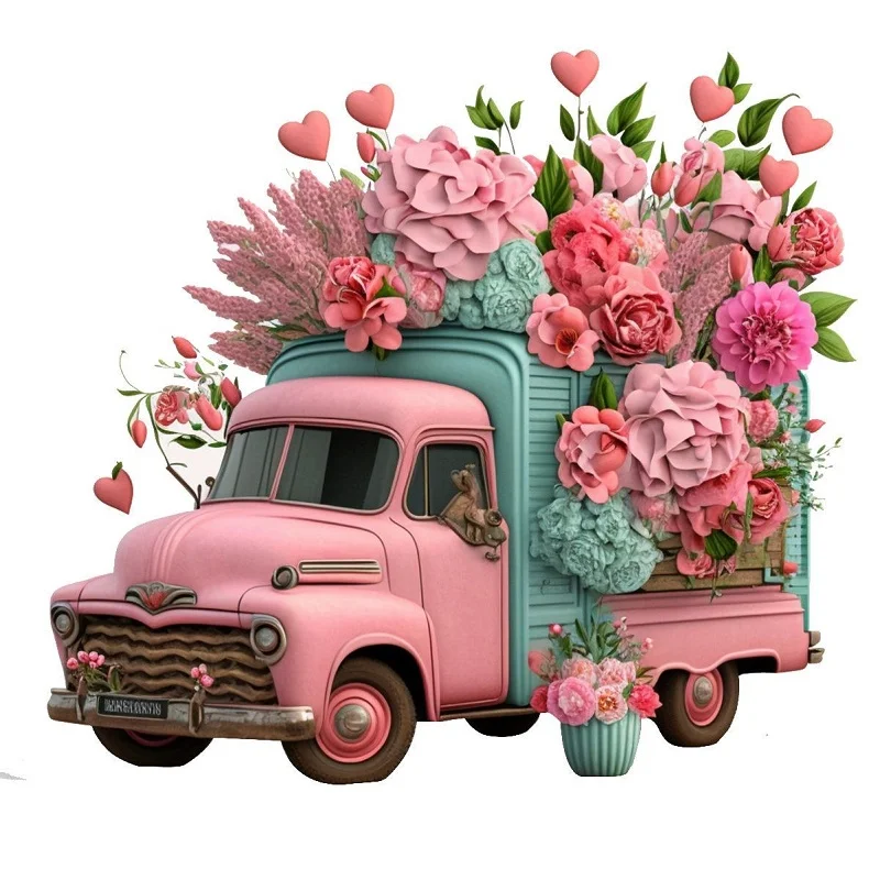 Full Round Diamond Painting 30*30cm - Pink Flower Classic Car