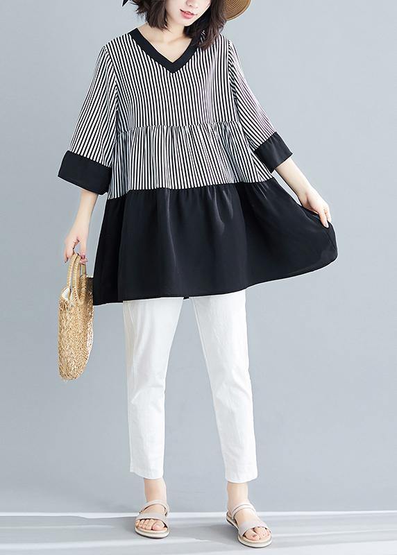 VCSHOES patchwork flare sleeve chiffon clothes black striped loose Dresses Summer
