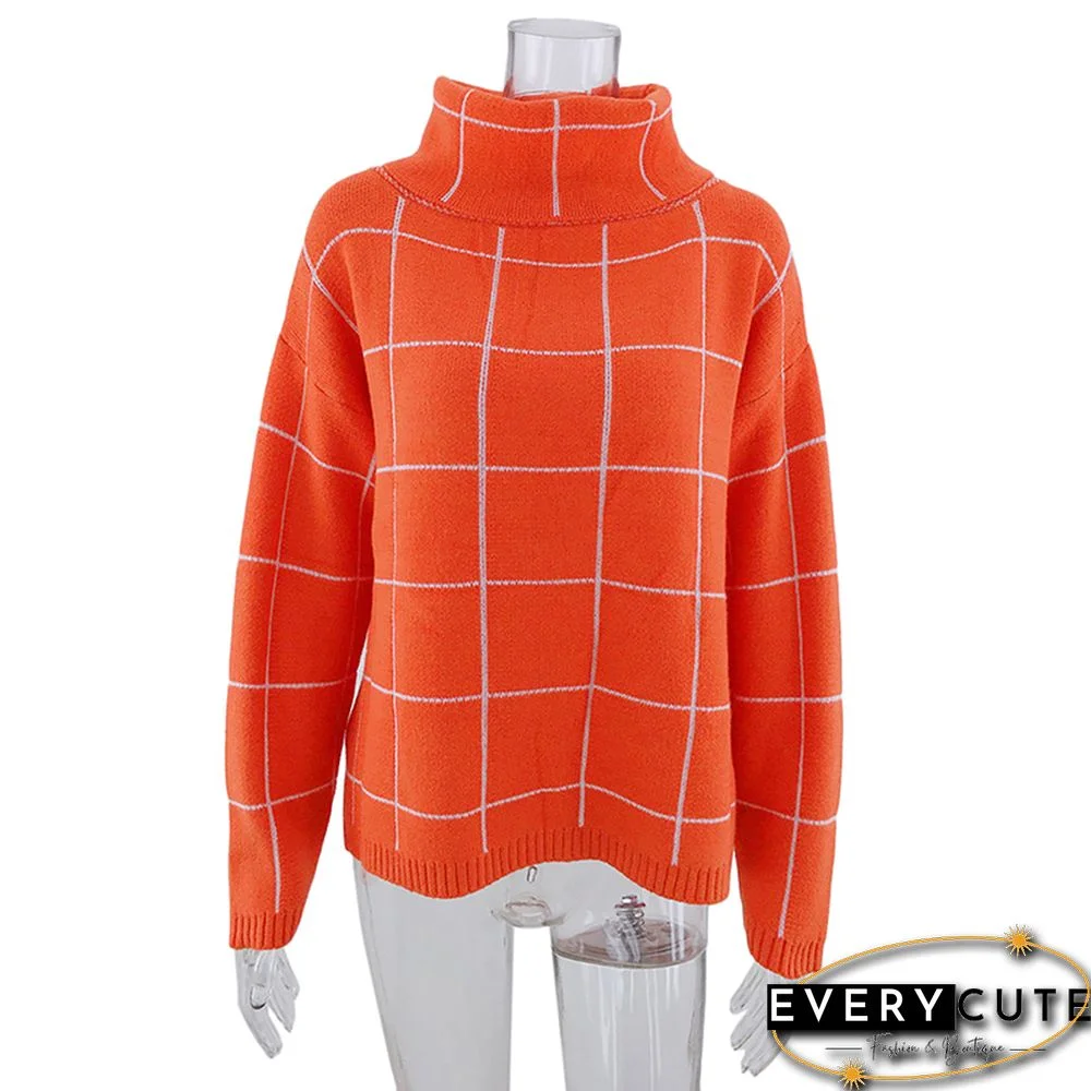 Orange Plaid Print Heap Collar Sweater