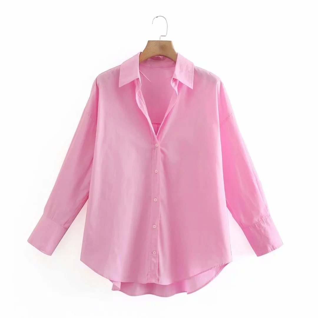 2022 New Women Simply Candy Color Single Breasted Poplin Shirts Office Lady Long Sleeve Blouse Roupas Chic Chemise Tops 18513