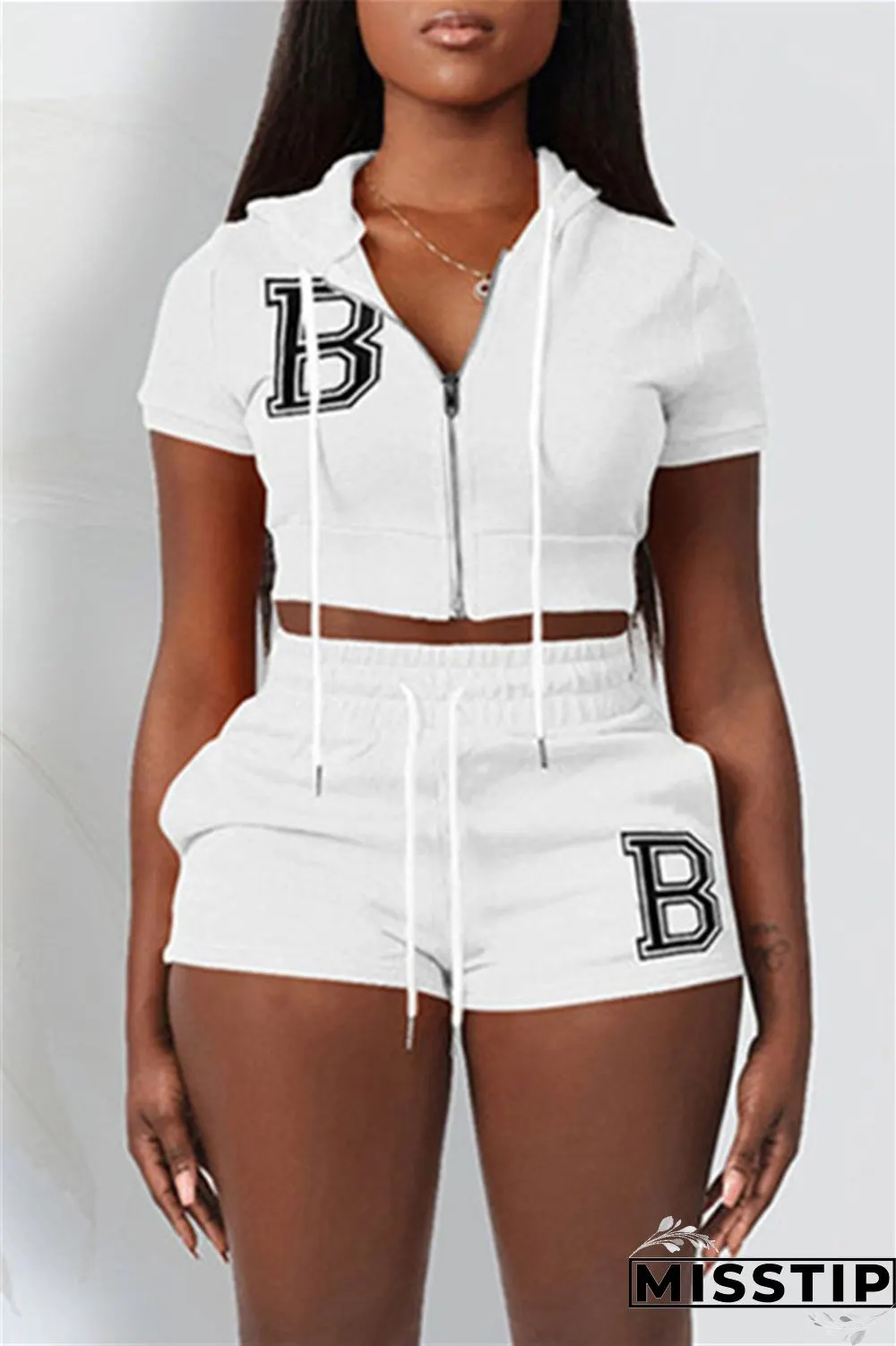 Red Fashion Casual Letter Solid Embroidered Hooded Collar Short Sleeve Two Pieces