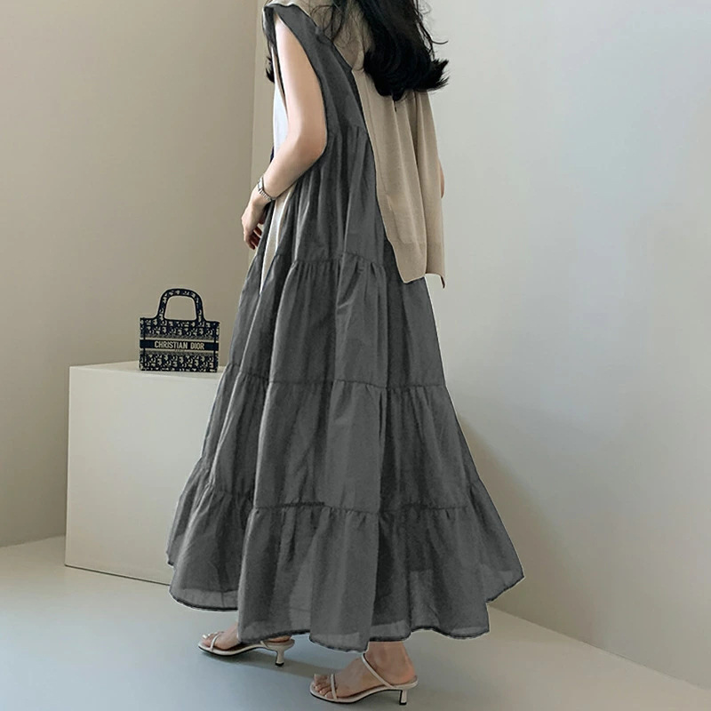 Solid Color Paneled Crew Neck Sleeveless Midi Dress