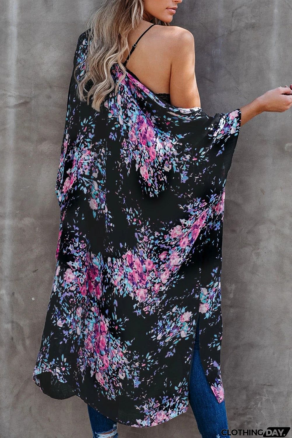 Floral Kimono Sleeves Chiffon Loose Beach Cover Up