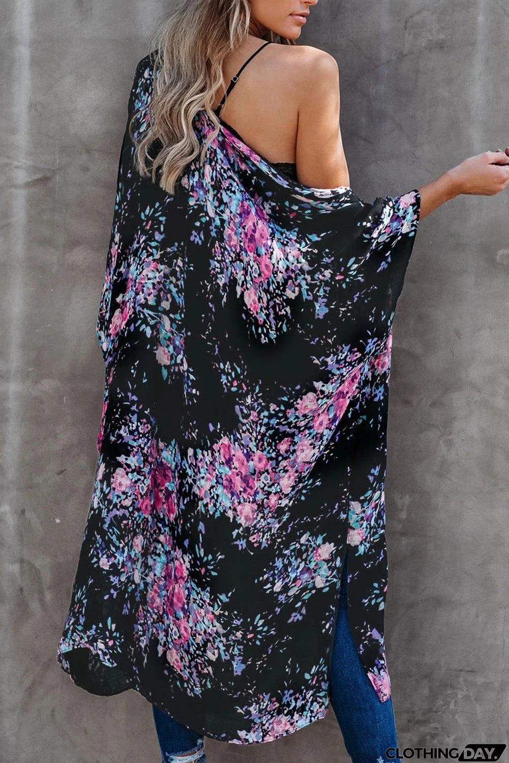 Floral Kimono Sleeves Chiffon Loose Beach Cover Up