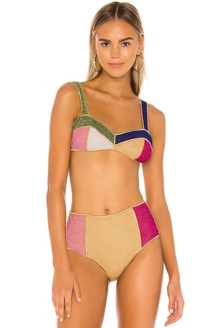 Glitter Color Panel High Waist Bikini Swimsuit - Two Piece Set-elleschic