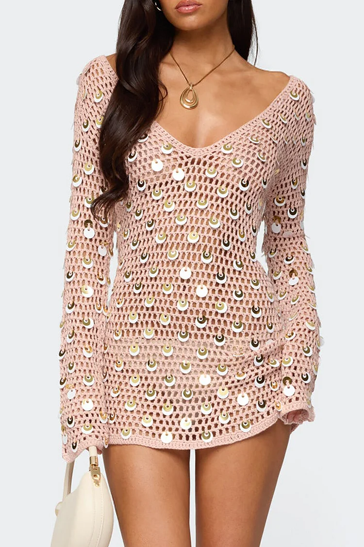 Sequin Decor Crochet V Neck Long Sleeve Mini Dresses-Nude [Pre Order]
