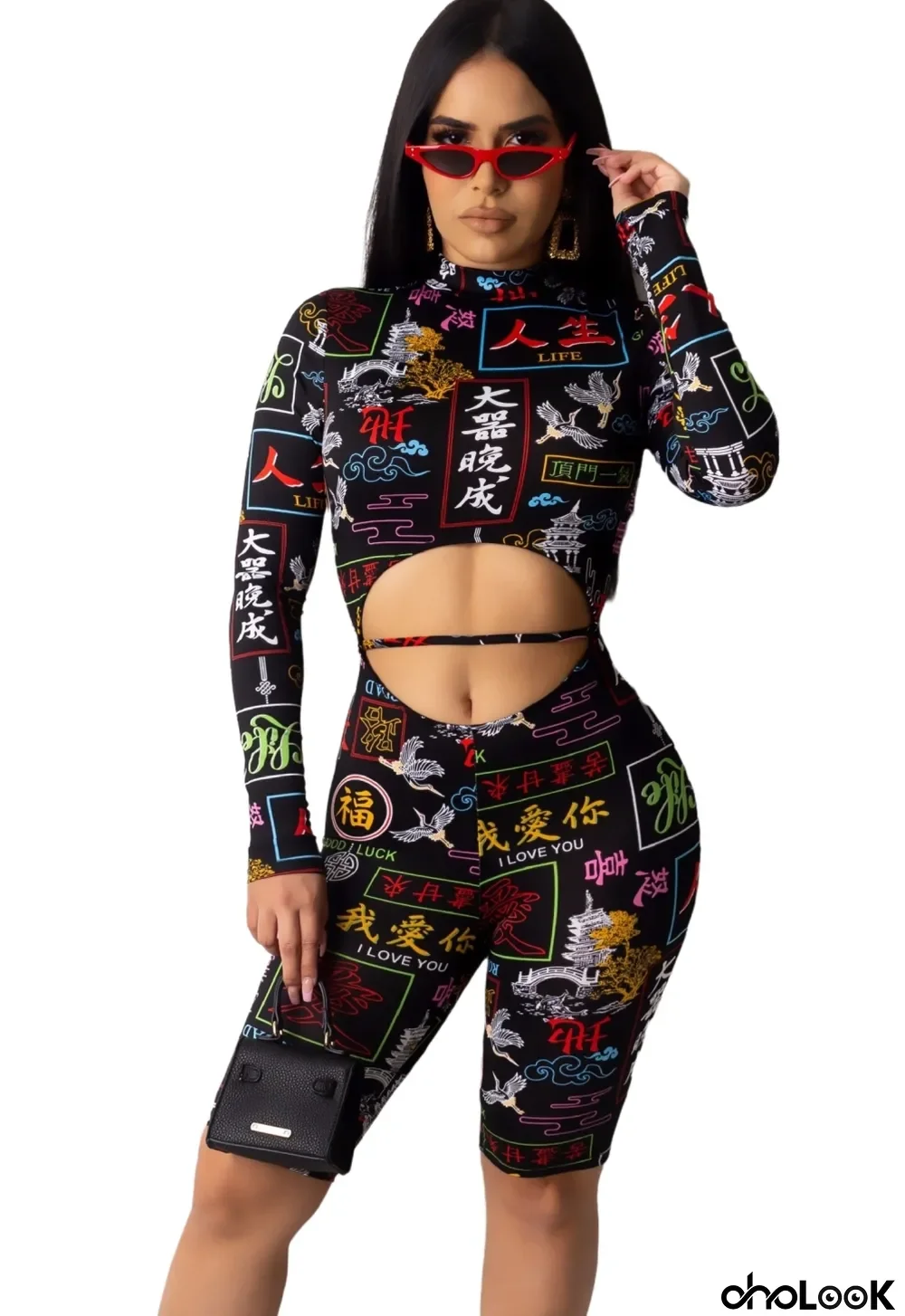 Sexy Cut Out Print Long Sleeve Bodycon Rompers
