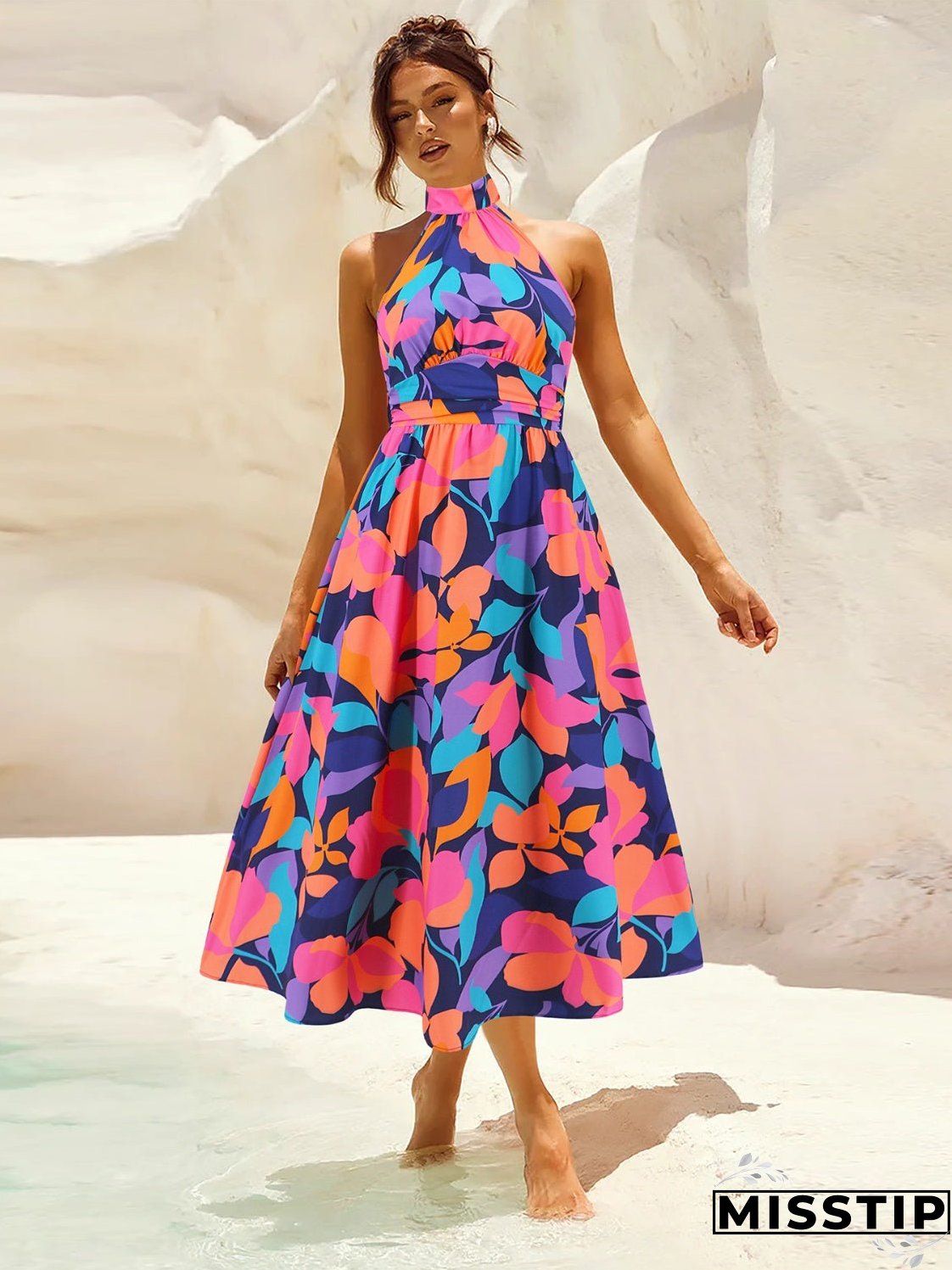 Ruched Printed Halter Neck Sleeveless Dress