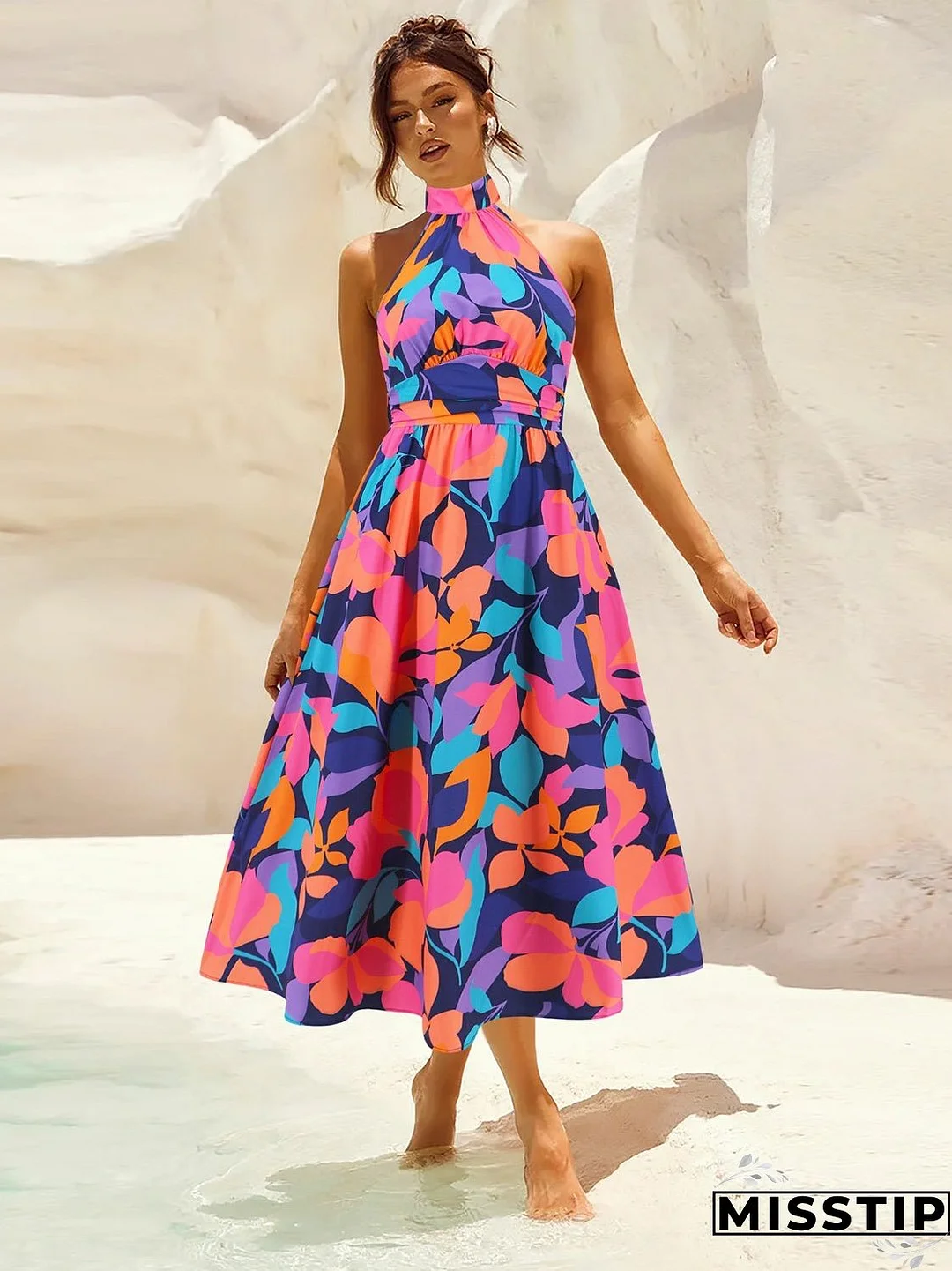 Ruched Printed Halter Neck Sleeveless Dress