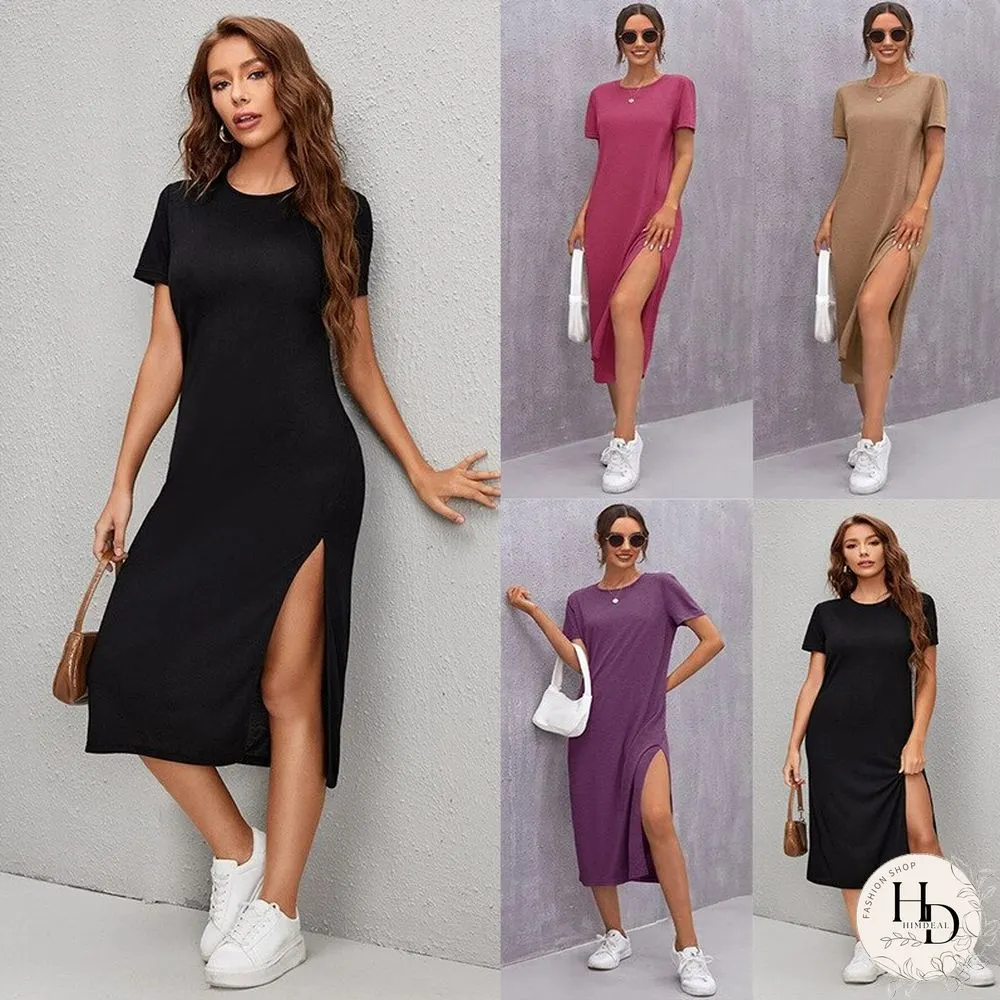 New Spring & Summer Womens Y2K Dress Knitted Short-Sleeved Round Necks Slit Mid-Vintage