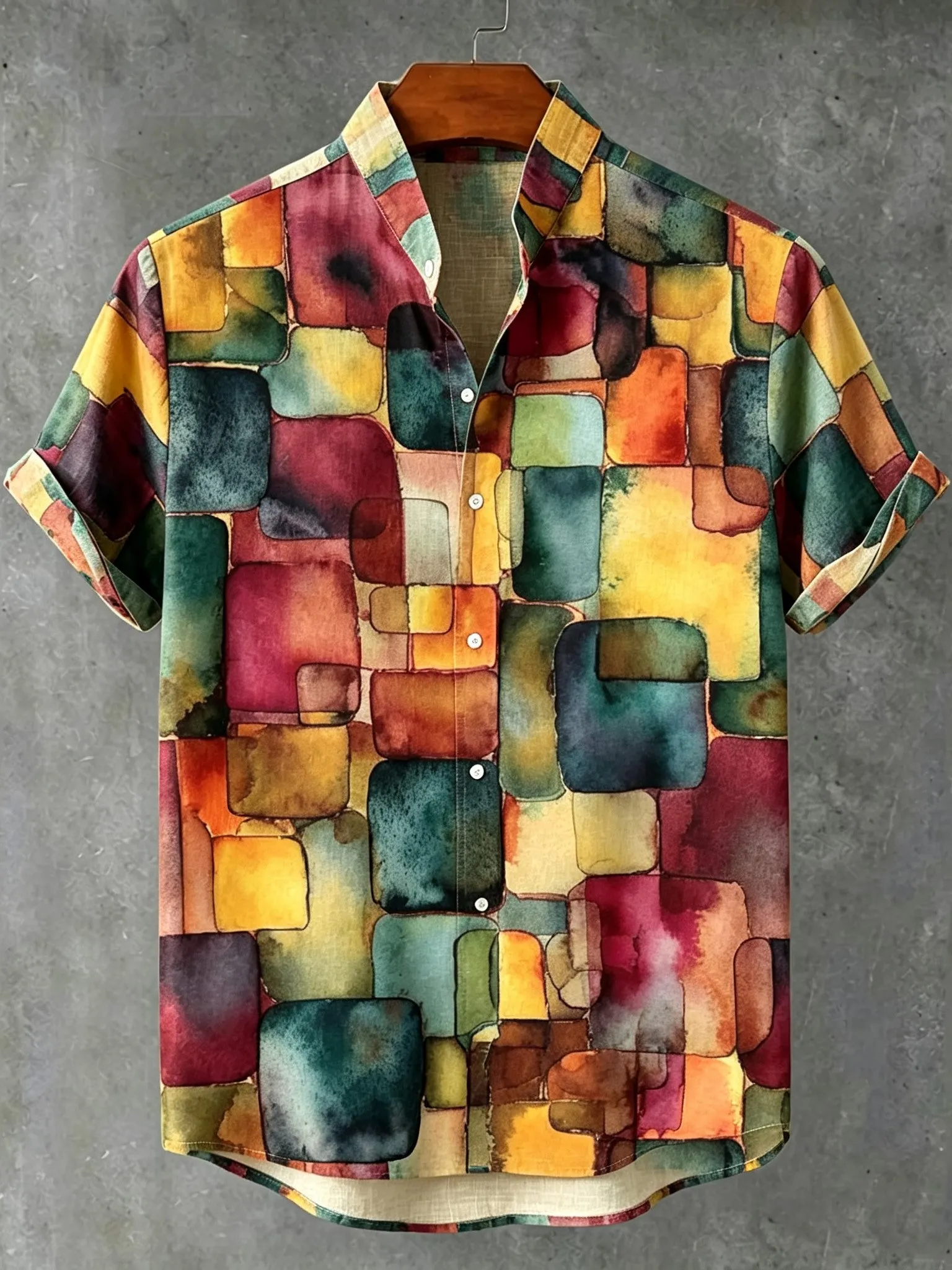 Men's Retro Bohemian Hippie Style Geometric Print Cotton Linen Short-sleeve Shirt  artssus