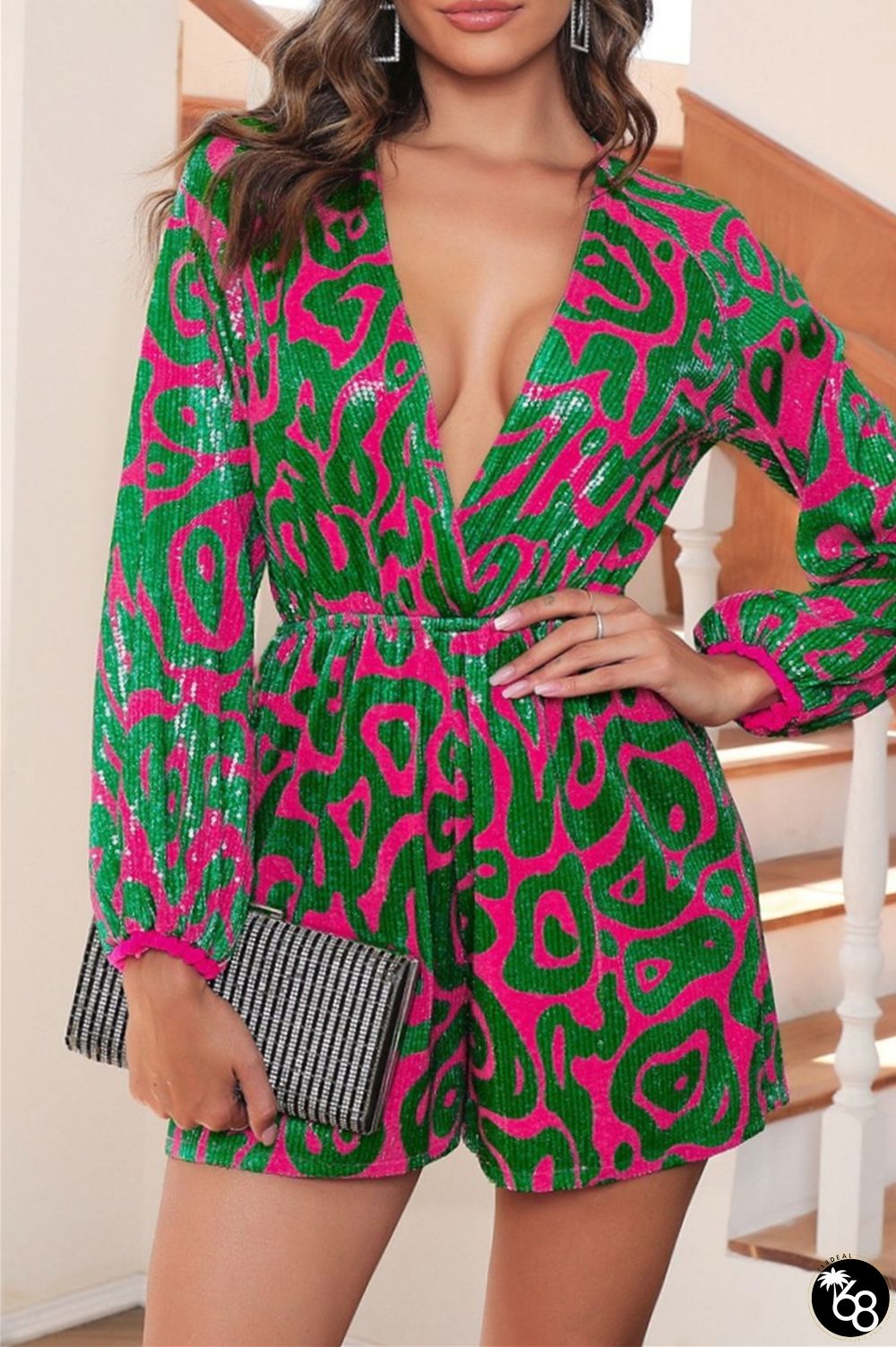 Casual Patchwork Sequins V Neck Regular Rompers | 168DEAL