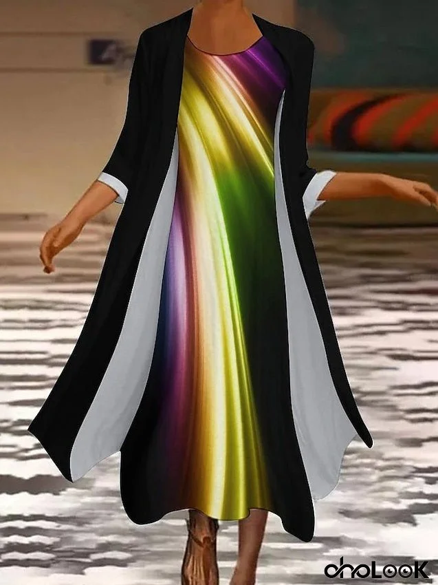 Two Piece Dress Long Dress Maxi Dress Rainbow Long Sleeve Color Block Print Summer Spring Crew Neck Stylish Winter Dress Fall Dress Loose Fit S M L XL XXL 3XL 4XL 5XL for Women
