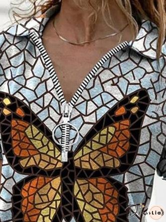 V-Neck Printed Zipper Short Sleeve T-Shirt for Women