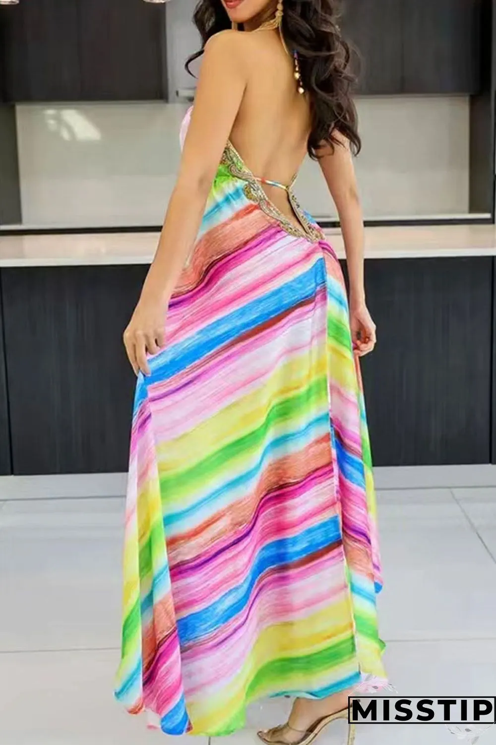 Colour Sexy Vacation Print Patchwork Backless Halter A Line Dresses
