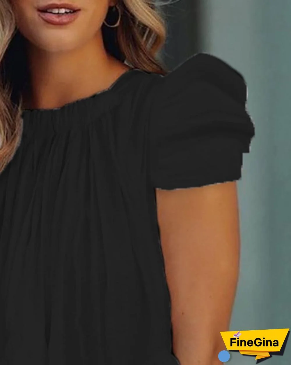 Puff Sleeve Ruffle Hem Ruched Top P14303