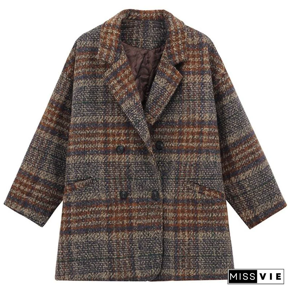 Plaid Button Loose Winter Coat