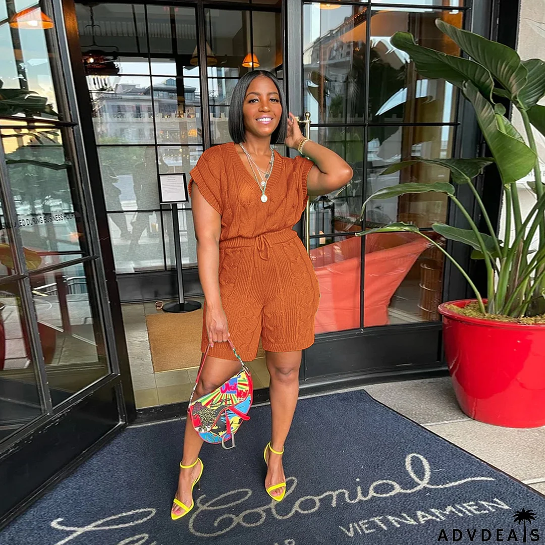 Sexy Solid Deep V Neck Sleeveless Loose Sweater Slim Shorts Two Piece Set