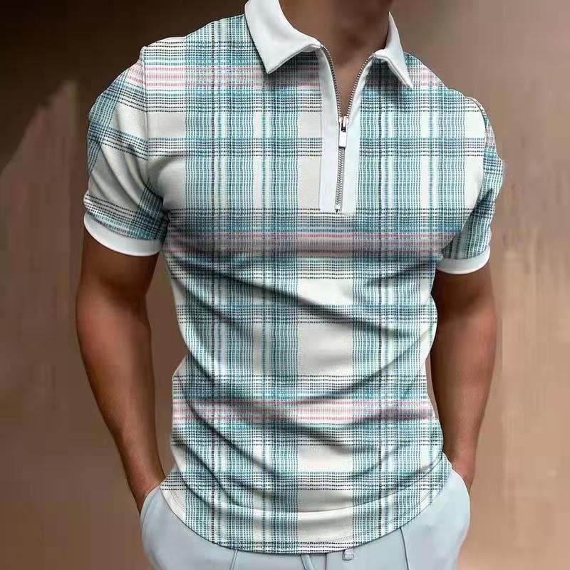 Summer Casual Zipper Short Sleeve Tops Plaid Men's Polo Shirts-VESSFUL