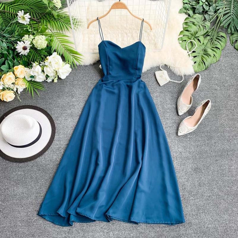 NiceMix 2020 Women Sleeveless Spaghetti Strap Dress V Neck Back Cross Strap Beach Dress Elegant High Waist Party Dress