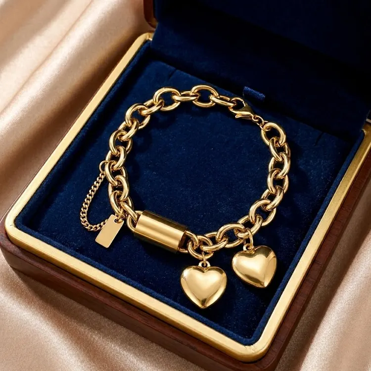 Chunky Heart Charm Bracelet for Women | Gold and Silver Link Chain with Toggle Clasp | Tarnish-Free Stainless Steel Jewelry | The Amour Bracelet by Kouvr