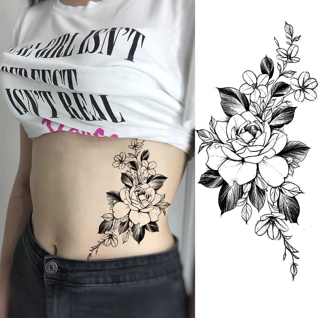 Black Rose Flower Snake Temporary Tattoos For Women Adult Peony Serpent Fake Tattoo Forearm Body Art Painting Waterproof Tatoos