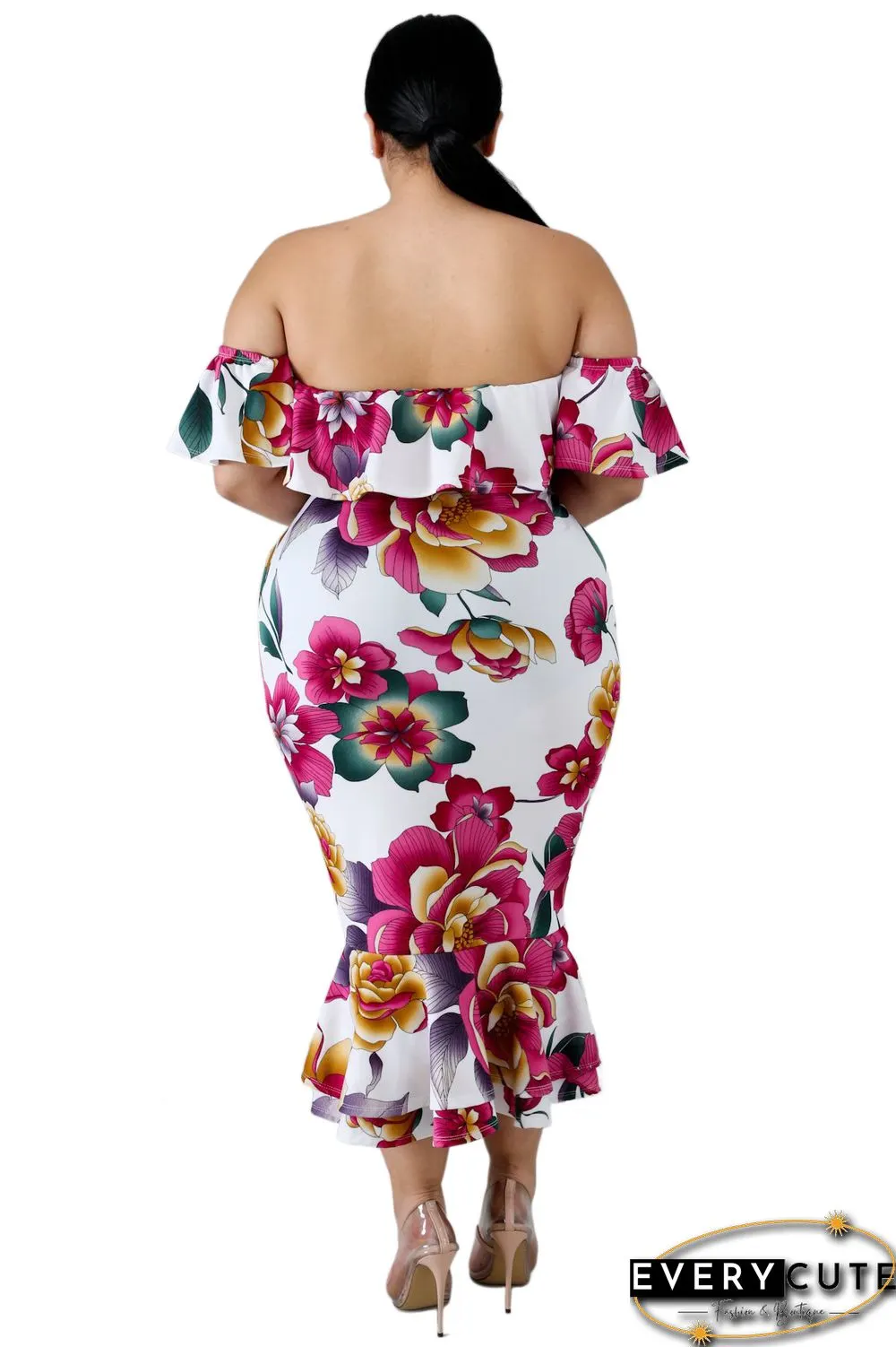 White Off-the-shoulder Floral Mermaid Plus Size Dress