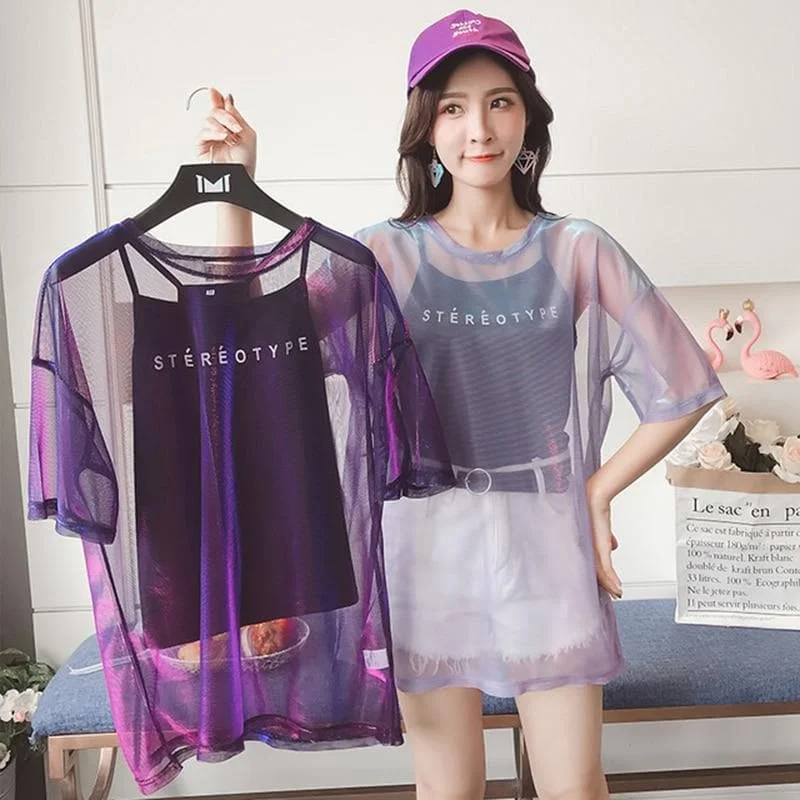 Transparent T-shirt+Short Sleeve Two Piece Set SP15027