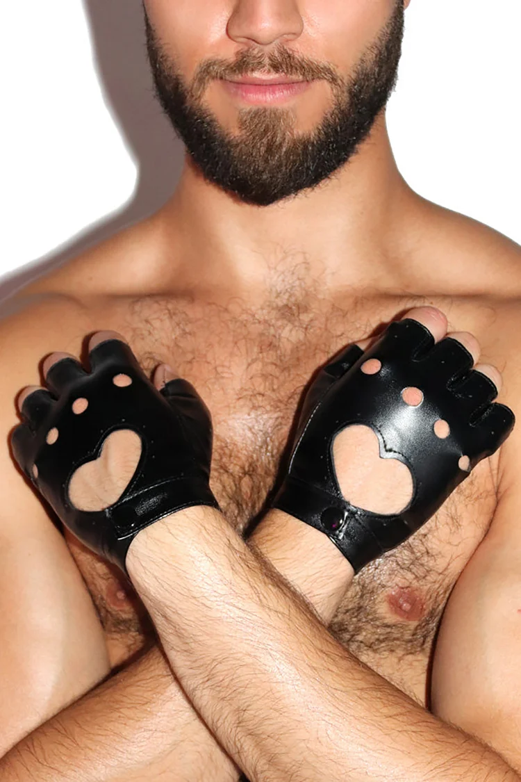 PU Leather Heart-Shaped Hollow Out Half Finger Gloves