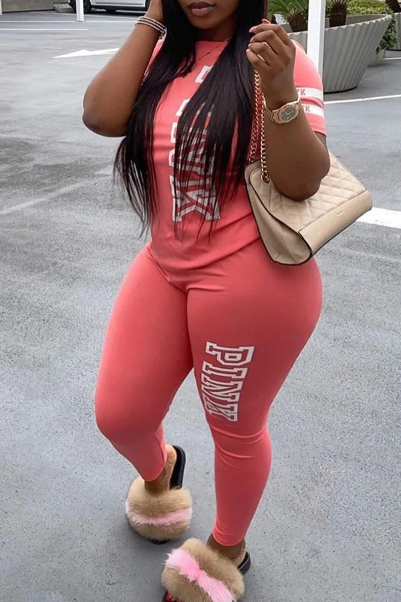 Pink Fashion Casual Letter Print Basic O Neck Plus Size Two Pieces