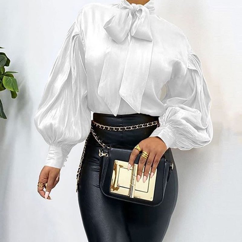 Celmia Elegant Office Women Puff Sleeve Blouses Bow Collar Solid Shirts 2021 Fashion Casual Loose Tunic Tops Party Blusas Femme