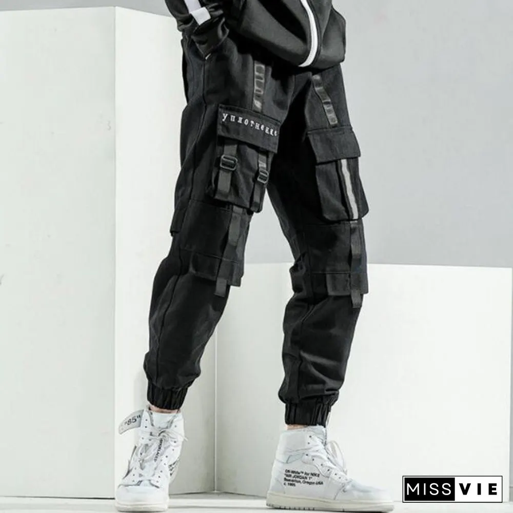 Men's Tech Style Decorative Webbing Multi-Pocket Trousers