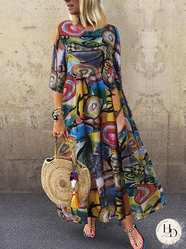 Casual Dress Swing Dress Boho Dress Long Dress Maxi Dress Black Red Half Sleeve Graphic Pleated Winter Fall Spring Crew Neck Fashion Daily Vacation Fall Dress S M L XL 2XL 3XL 4XL 5XL for Women