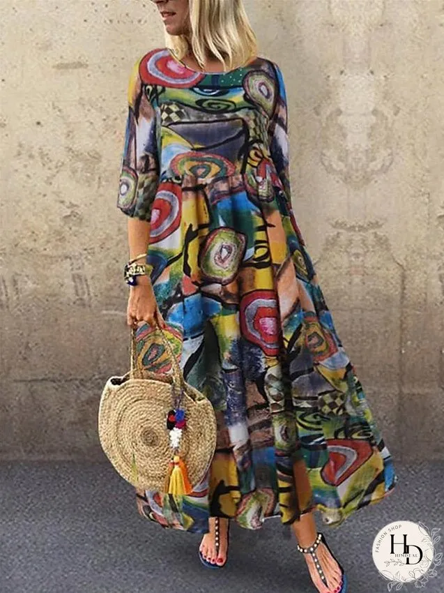 Casual Dress Swing Dress Boho Dress Long Dress Maxi Dress Black Red Half Sleeve Graphic Pleated Winter Fall Spring Crew Neck Fashion Daily Vacation Fall Dress S M L XL 2XL 3XL 4XL 5XL for Women