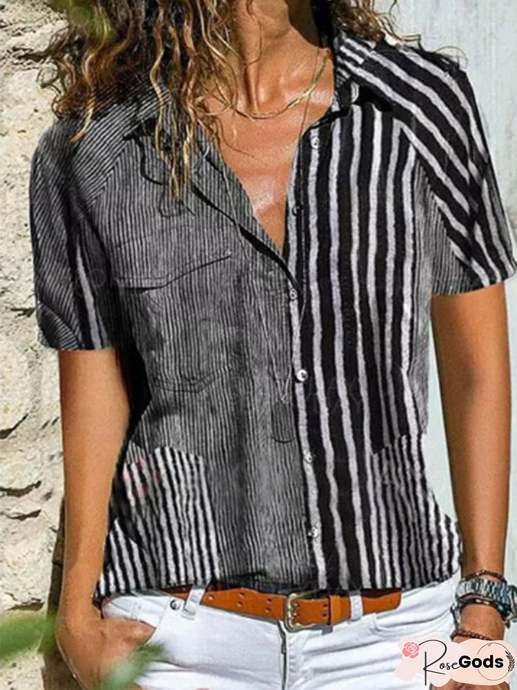 Summer Striped Pockets Blouse Casual Short Sleeve Top