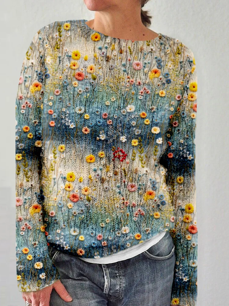 Utbros Embroidered Flowers Pattern Crew Neck Cozy Knit Sweater