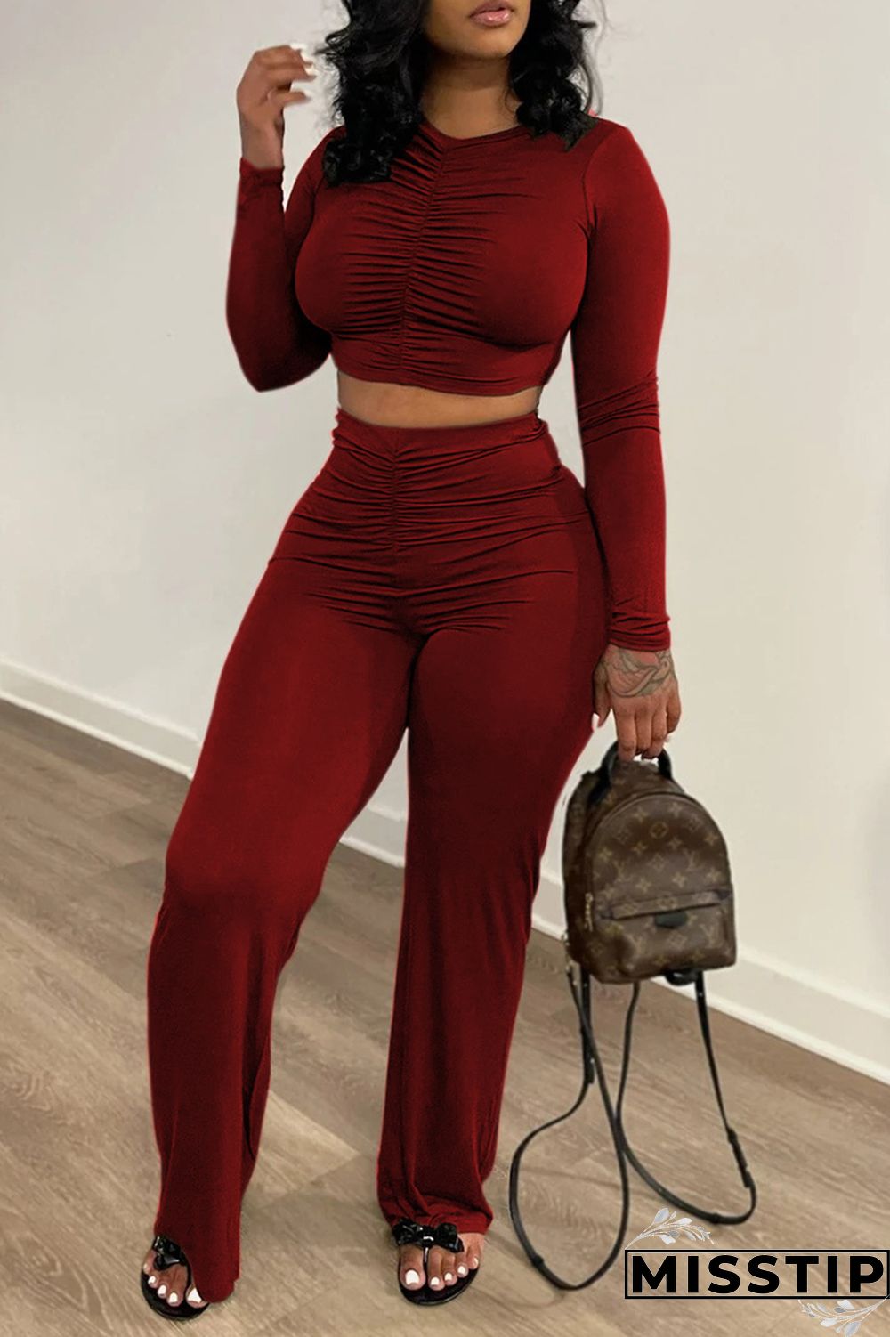 Orange Fashion Casual Solid Fold O Neck Long Sleeve Two Pieces