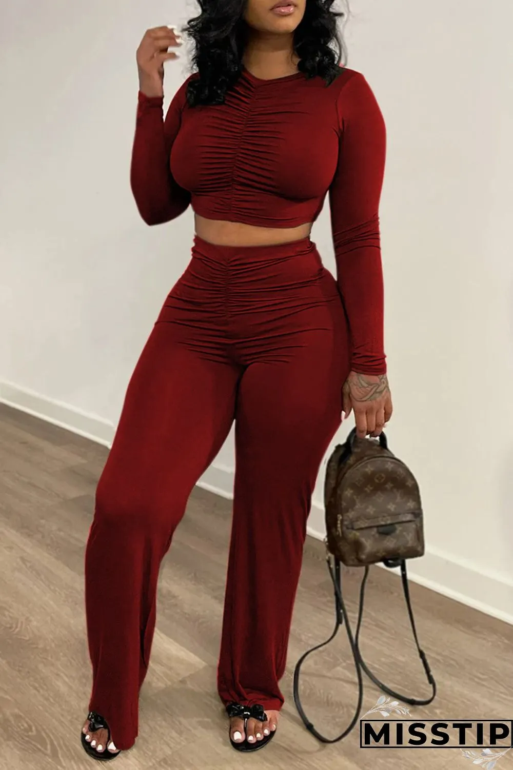 Orange Fashion Casual Solid Fold O Neck Long Sleeve Two Pieces